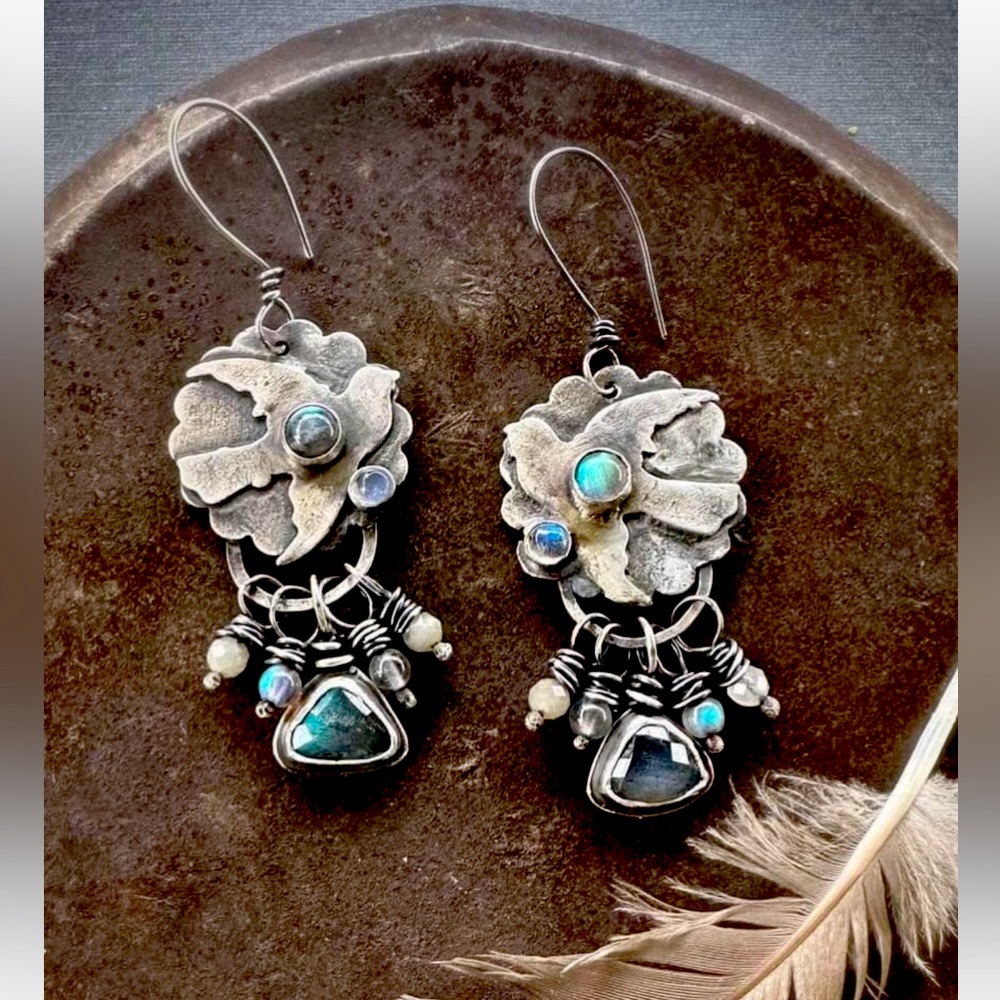 Sterling Silver and Labradorite Dove Dangle Earrings
